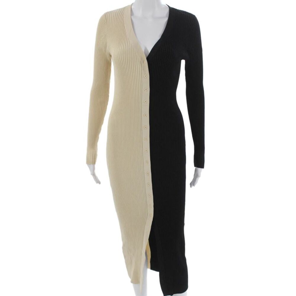 Staud Womens Beige V-Neck Long Sleeve Sweater Dress Button Size M